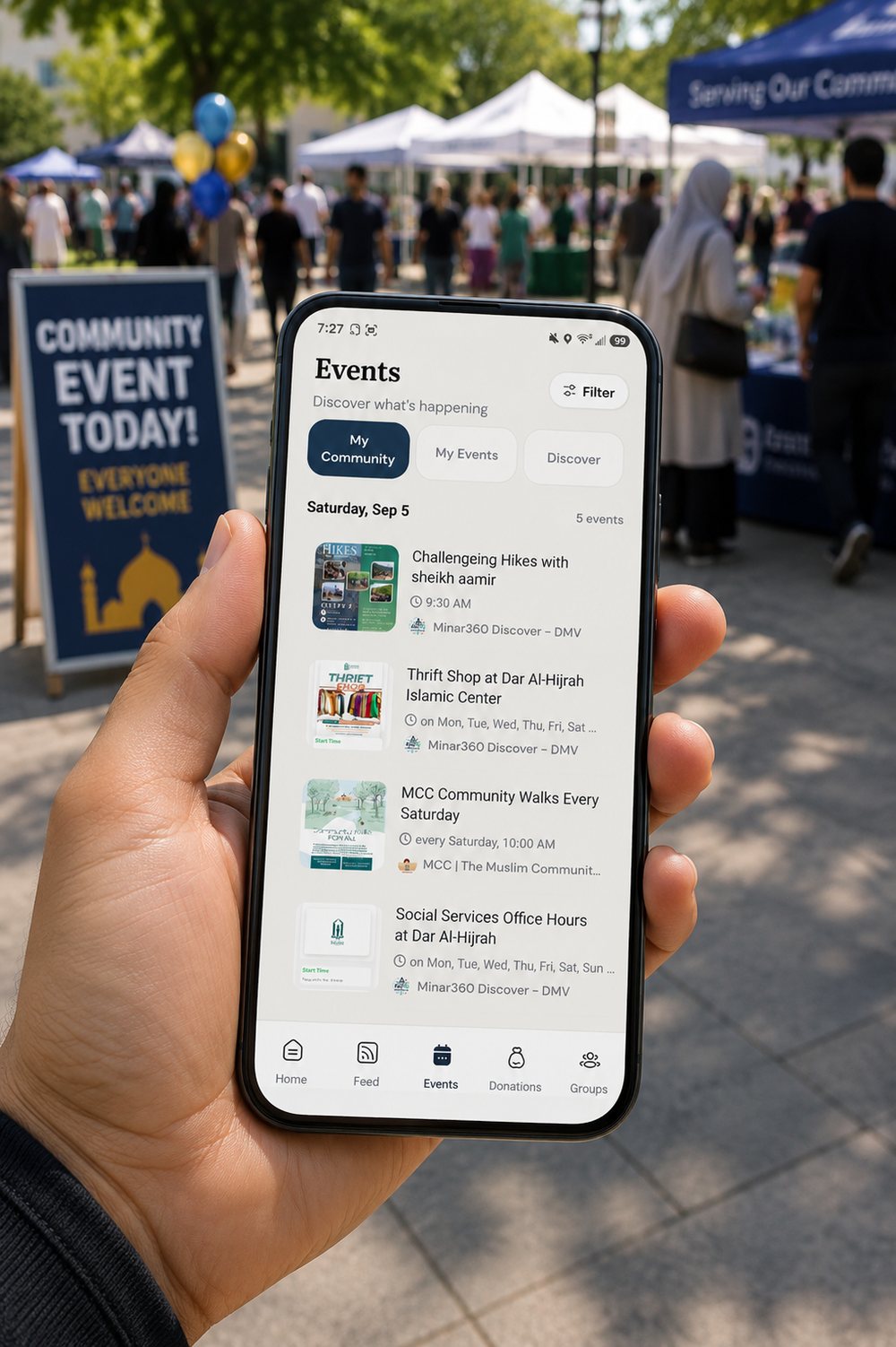 The Minar360 Events tab open on a phone at an outdoor community event